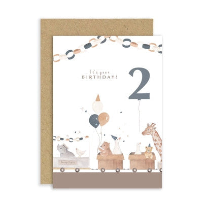 Children's birthday card with animals and number 2 on a white background